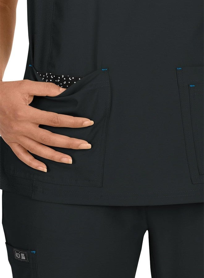 KOI Basics Katie Women's 4-Pocket Mock-Wrap Scrub Top Black Large - Image 3